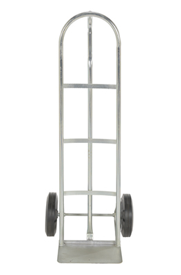 Front view of galvanized steel hand truck. 